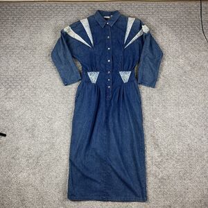 Vintage Avon Fashions Dress Womens 13/14 Blue Denim Long Sleeve Midi Western 80s